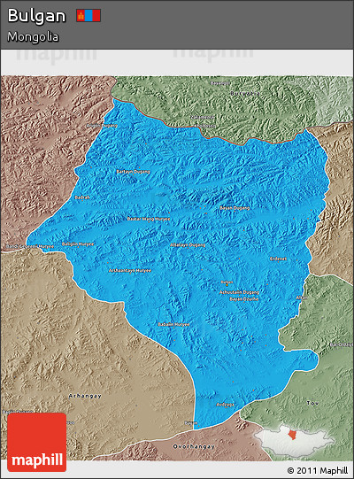 Political 3D Map of Bulgan, semi-desaturated