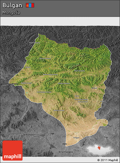Satellite 3D Map of Bulgan, darken, desaturated