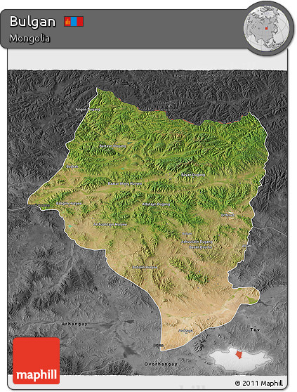 Satellite 3D Map of Bulgan, darken, desaturated