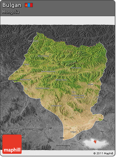 Satellite 3D Map of Bulgan, darken, desaturated