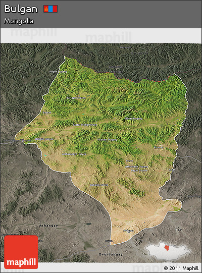 Satellite 3D Map of Bulgan, darken, semi-desaturated