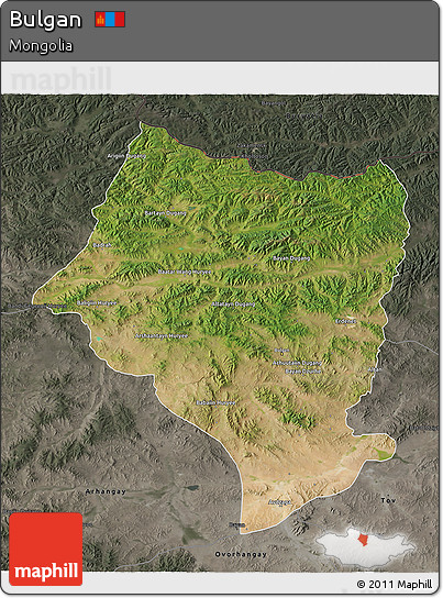 Satellite 3D Map of Bulgan, darken, semi-desaturated