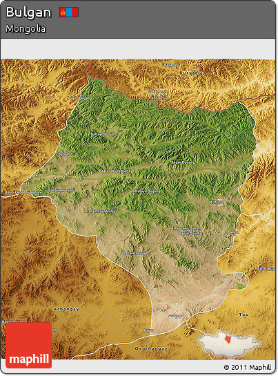 Satellite 3D Map of Bulgan, physical outside