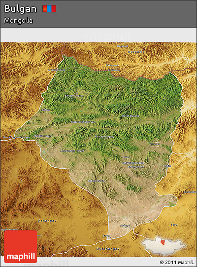 Satellite 3D Map of Bulgan, physical outside