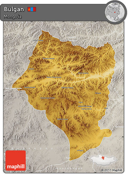Physical Map of Bulgan, lighten, semi-desaturated