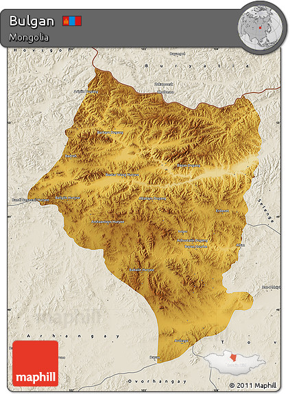 Physical Map of Bulgan, shaded relief outside