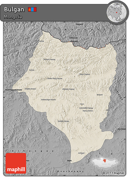 Shaded Relief Map of Bulgan, darken, desaturated
