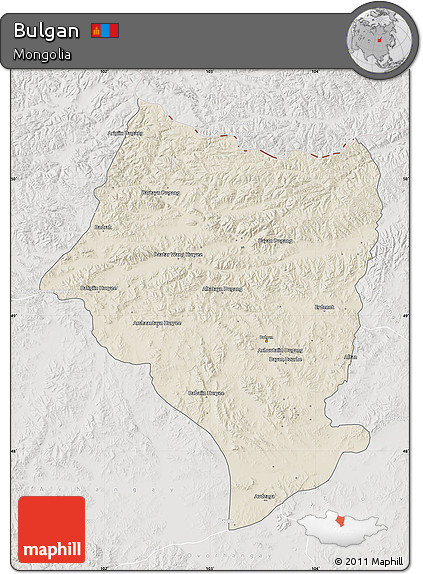 Shaded Relief Map of Bulgan, lighten, semi-desaturated