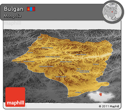Physical Panoramic Map of Bulgan, darken, desaturated