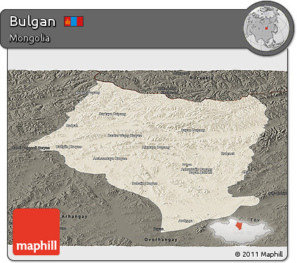 Shaded Relief Panoramic Map of Bulgan, darken