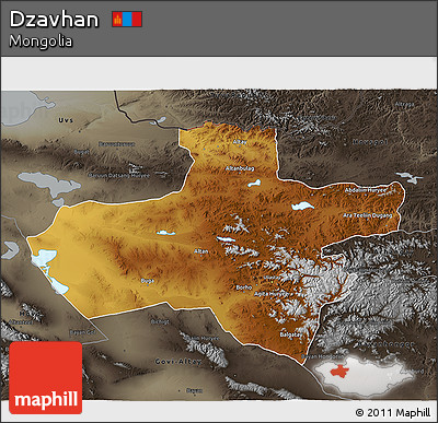 Physical 3D Map of Dzavhan, darken, semi-desaturated
