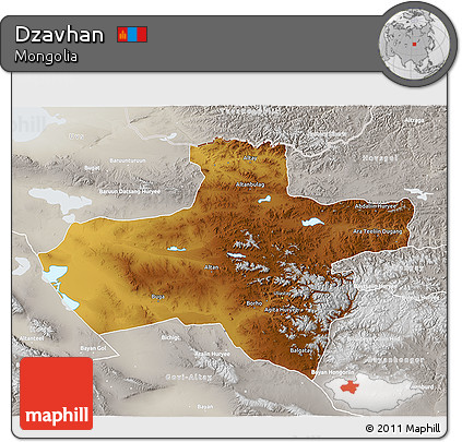 Physical 3D Map of Dzavhan, lighten, semi-desaturated