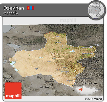 Satellite 3D Map of Dzavhan, darken, semi-desaturated