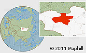 Savanna Style Location Map of Dzavhan, highlighted country, hill shading