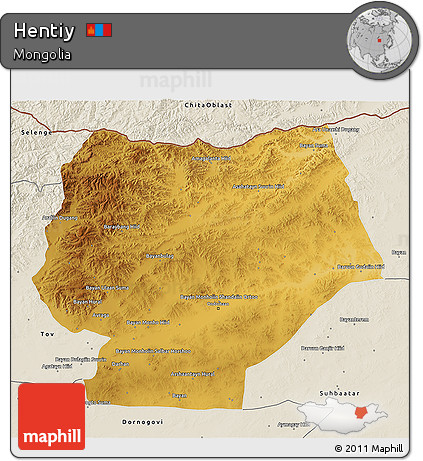 Physical 3D Map of Hentiy, shaded relief outside