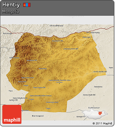 Physical 3D Map of Hentiy, shaded relief outside