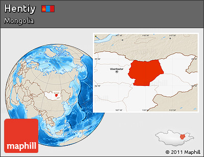 Shaded Relief Location Map of Hentiy, highlighted country