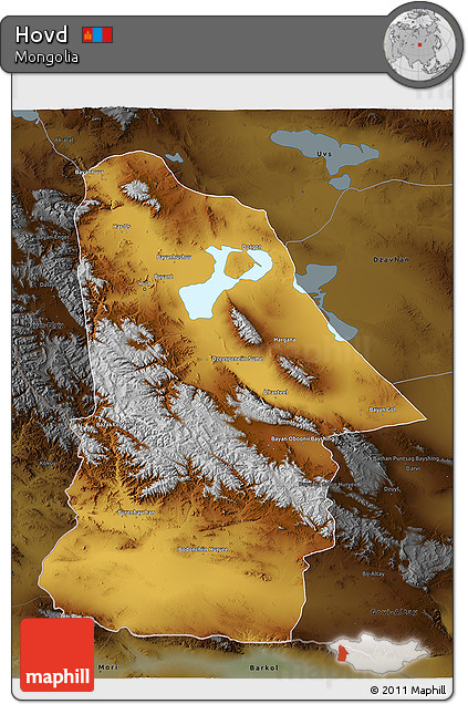 Physical 3D Map of Hovd, darken