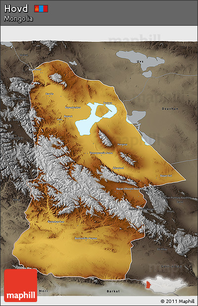 Physical 3D Map of Hovd, darken, semi-desaturated