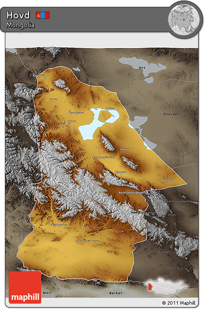 Physical 3D Map of Hovd, darken, semi-desaturated