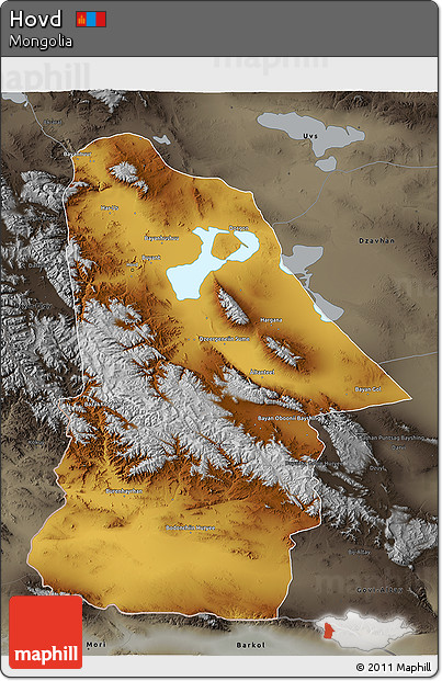 Physical 3D Map of Hovd, darken, semi-desaturated