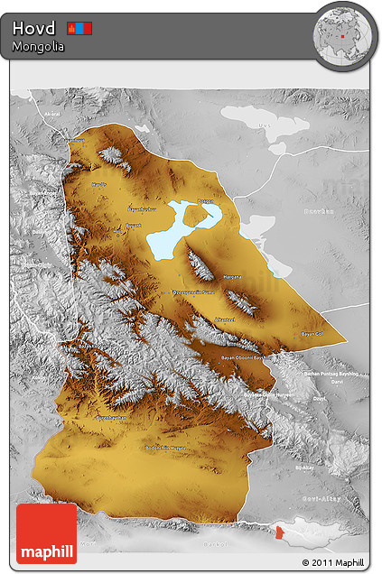 Physical 3D Map of Hovd, lighten, desaturated