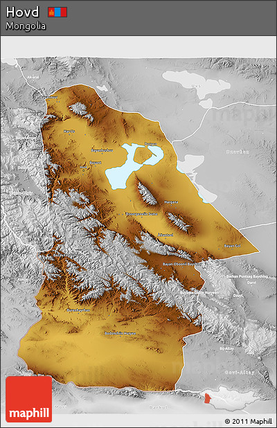 Physical 3D Map of Hovd, lighten, desaturated