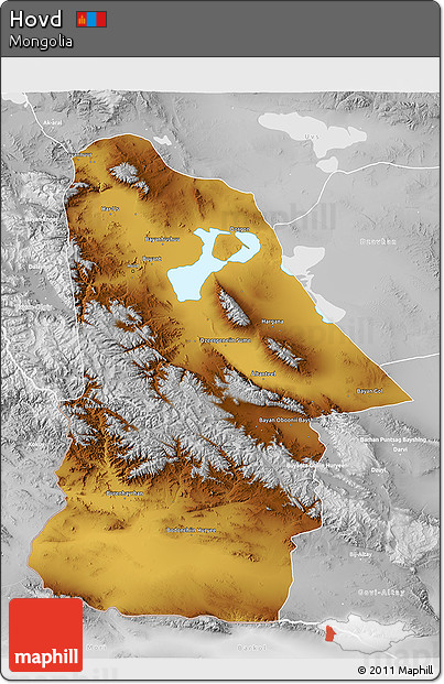 Physical 3D Map of Hovd, lighten, desaturated
