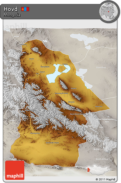 Physical 3D Map of Hovd, lighten, semi-desaturated