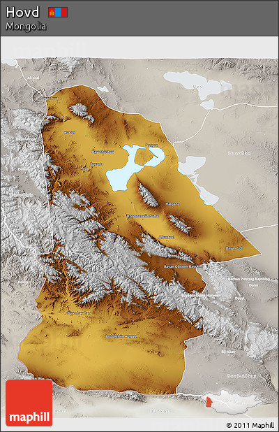 Physical 3D Map of Hovd, lighten, semi-desaturated