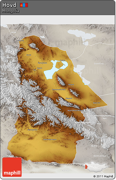 Physical 3D Map of Hovd, lighten, semi-desaturated