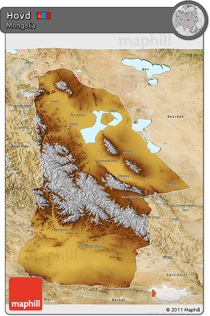 Physical 3D Map of Hovd, satellite outside