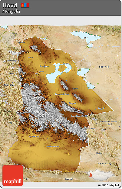 Physical 3D Map of Hovd, satellite outside
