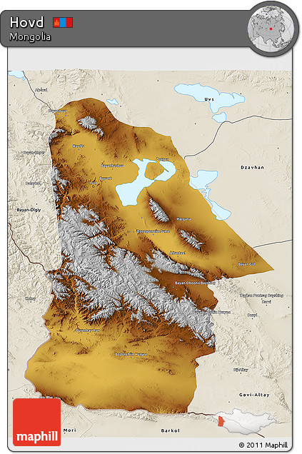 Physical 3D Map of Hovd, shaded relief outside