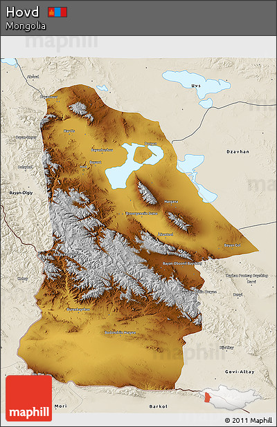 Physical 3D Map of Hovd, shaded relief outside
