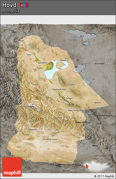 Satellite 3D Map of Hovd, darken, semi-desaturated