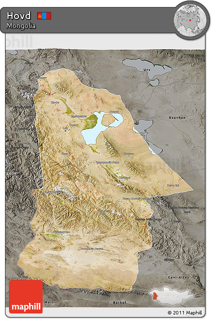 Satellite 3D Map of Hovd, darken, semi-desaturated
