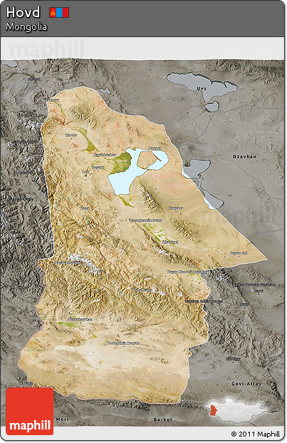 Satellite 3D Map of Hovd, darken, semi-desaturated