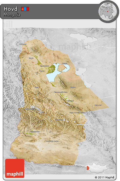 Satellite 3D Map of Hovd, lighten, desaturated