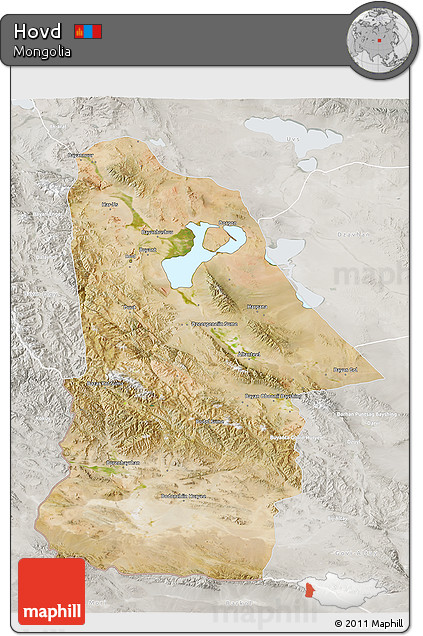 Satellite 3D Map of Hovd, lighten, semi-desaturated