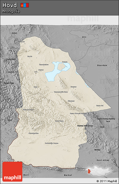 Shaded Relief 3D Map of Hovd, darken, desaturated