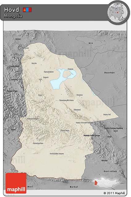 Shaded Relief 3D Map of Hovd, darken, desaturated