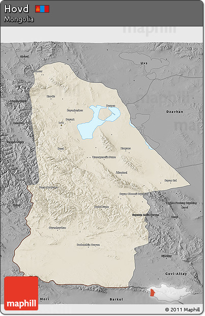 Shaded Relief 3D Map of Hovd, darken, desaturated