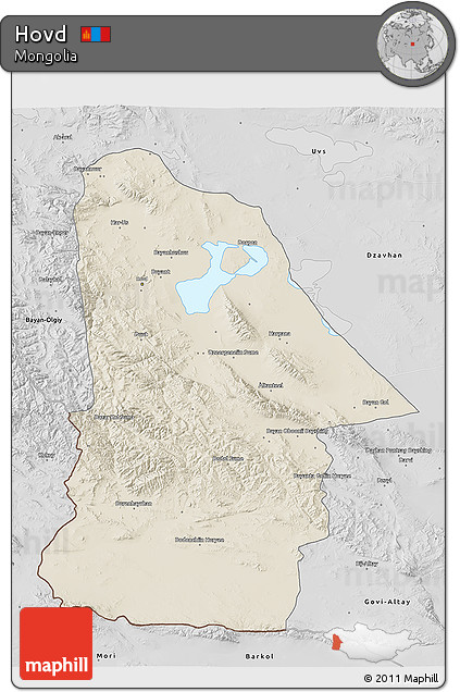 Shaded Relief 3D Map of Hovd, desaturated