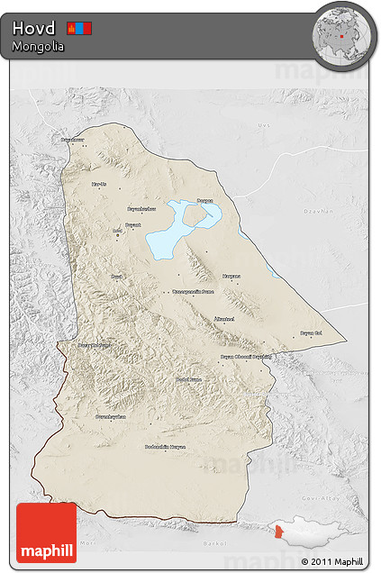 Shaded Relief 3D Map of Hovd, lighten, desaturated