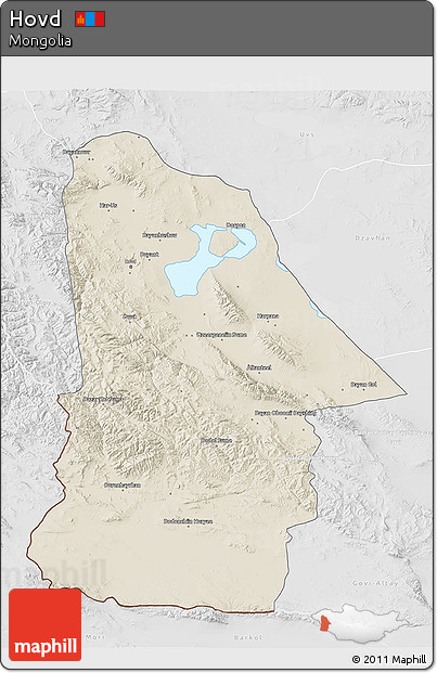 Shaded Relief 3D Map of Hovd, lighten, desaturated