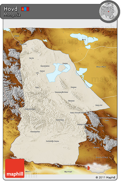 Shaded Relief 3D Map of Hovd, physical outside