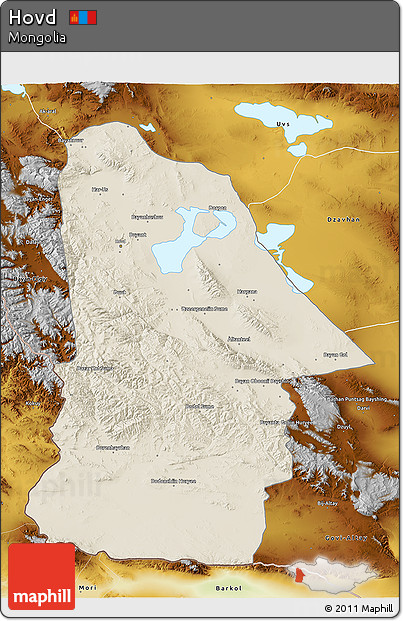 Shaded Relief 3D Map of Hovd, physical outside