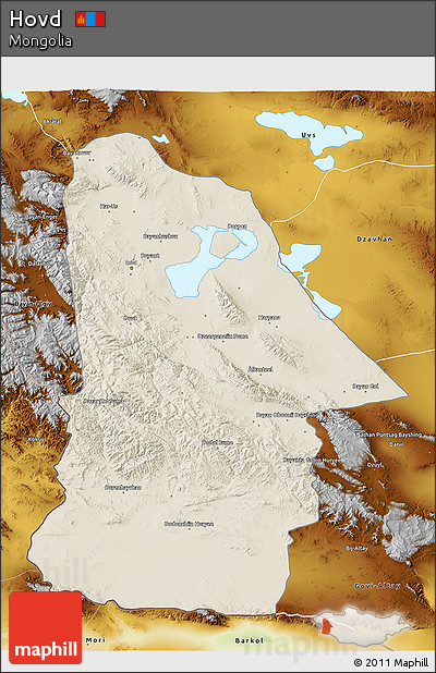 Shaded Relief 3D Map of Hovd, physical outside