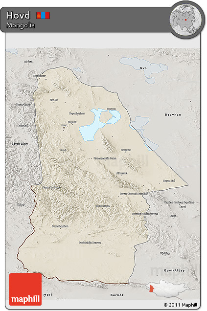 Shaded Relief 3D Map of Hovd, semi-desaturated